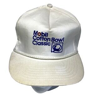 Vintage Mobil Cotton Bowl Classic Rope‎ Hat Embroidered Snap Back White One Size